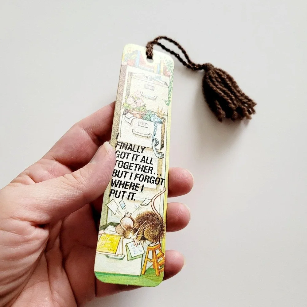 Vintage 70s Office Mouse Bookmark Brown Yarn Tassel 1978 Antioch Bookplate H-225